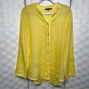 Charlie B 100% Linen Button Down Shirt Size Medium Roll Tab Sleeve Canary Yellow